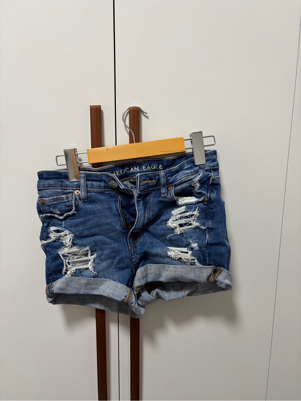 American Eagle Outfitters Distressed Rolled-Hem Denim Shorts - Blue